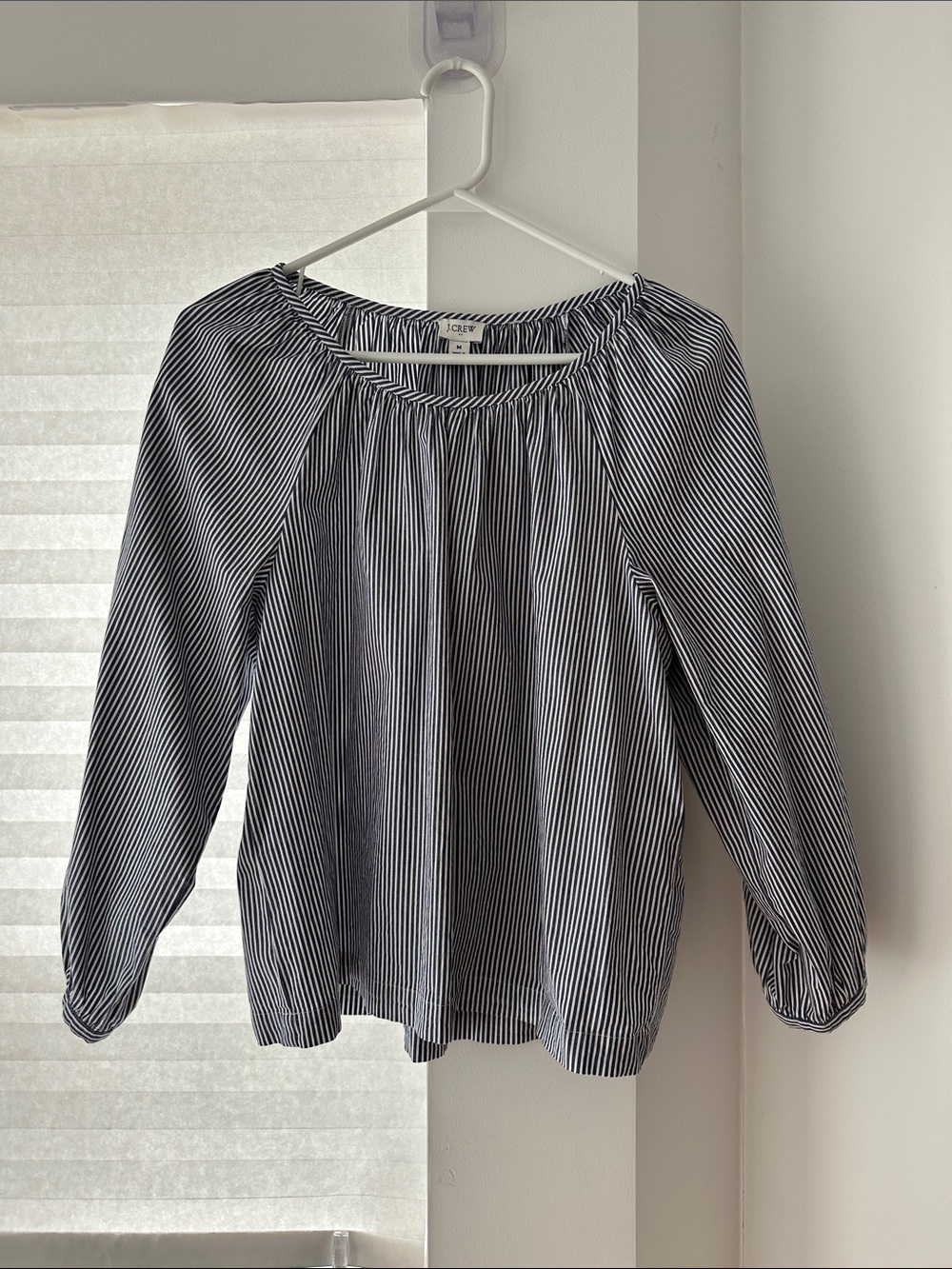J. Crew Navy and White Striped Peasant Blouse, Medium